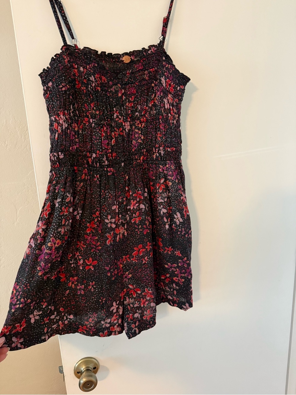 Ladies Free people Floral Smocked shorts romper- Black with Pink & Red Floral